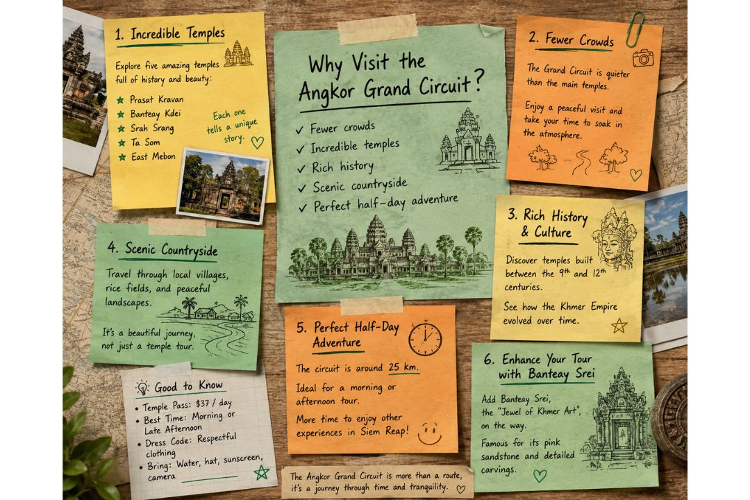 Claim 12,000 square meters of Preah Khan carvings with only birds for company while Small Circuit traffic stacks at Ta Prohm